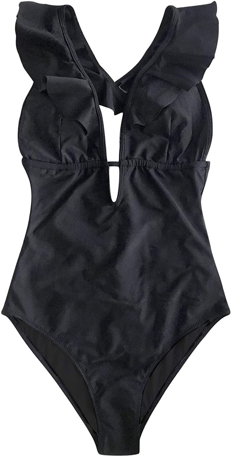 CUPSHE Women's One Piece Swimsuit Ruffle Deep V Neck Strappy Swimwear Bathing Suits