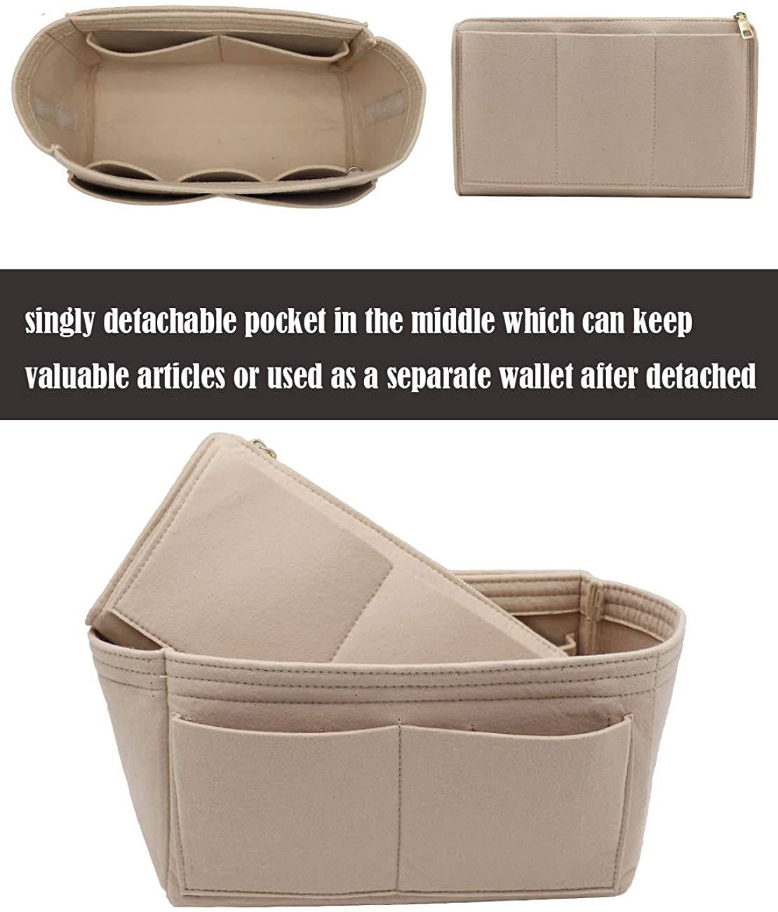 Felt Purse Bag Organizer Insert with zipper Bag Tote Shaper Fit Speedy Neverfull MM GM