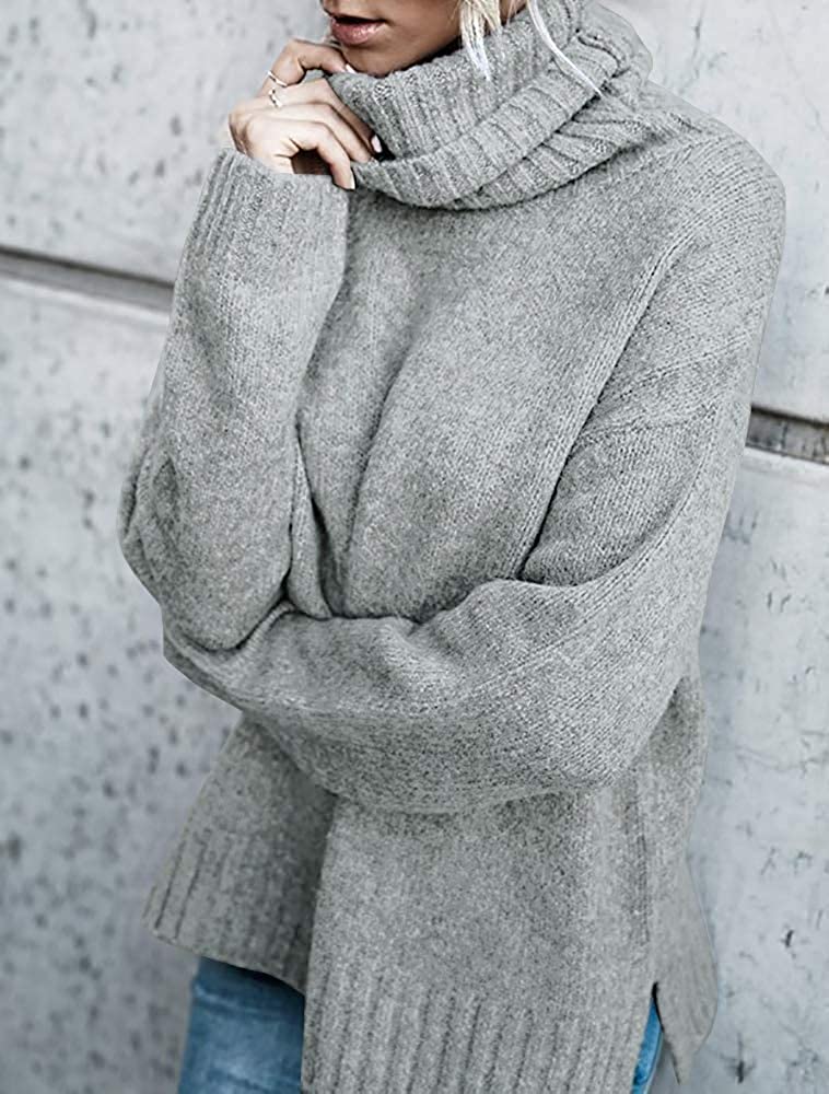 FISACE Womens Solid Round Neck Oversized Turtleneck Full Sleeve Knitted Sweater Pullover