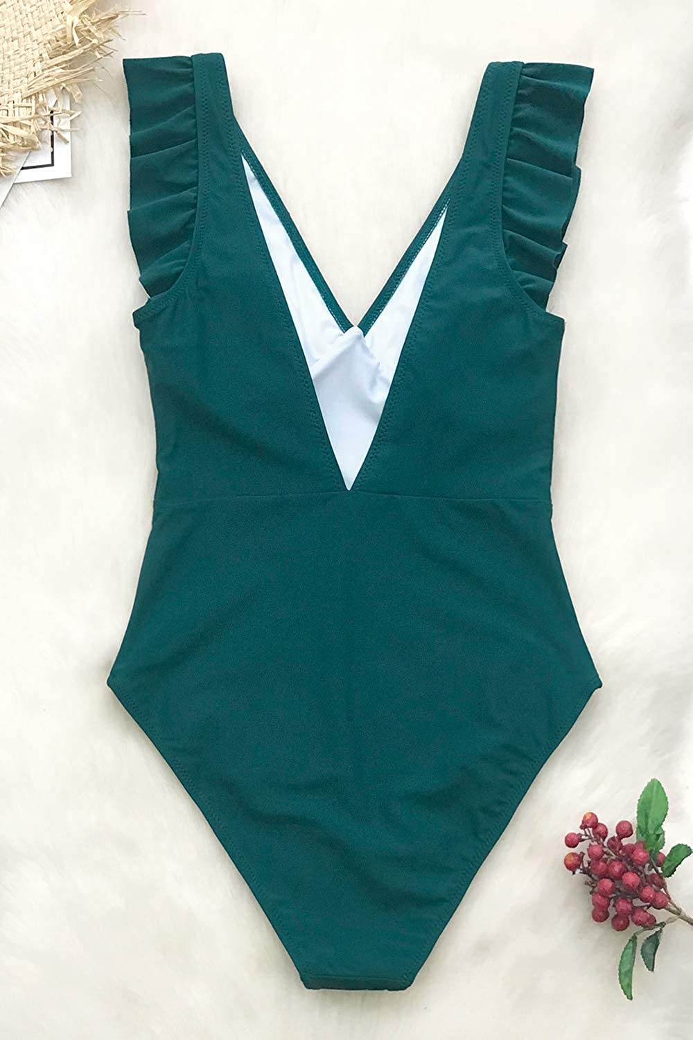 CUPSHE Women's One Piece Swimsuit V Neck Ruched Ruffle Shoulder Swimwear Bathing Suits
