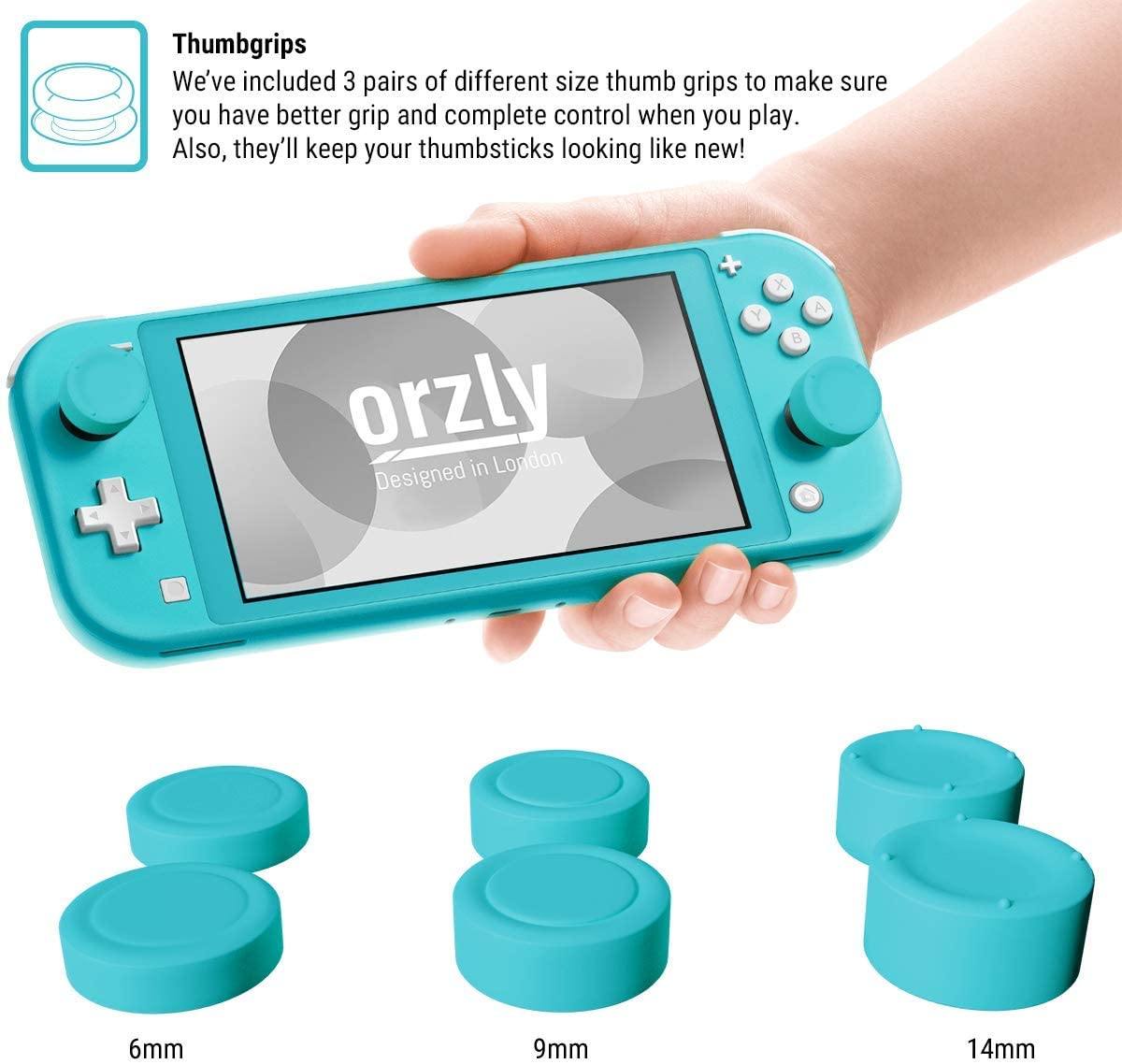 Orzly Grip Case for Nintendo Switch Lite – Case with Comfort Padded Hand Grips, Kickstand, Pack of Thumb Grips - Turquoise Blue - JOY2ESpree