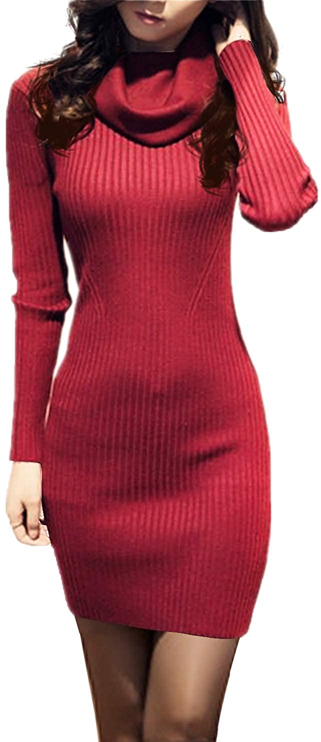 v28 Women Cowl Neck Knit Stretchable Elasticity Long Sleeve Slim Fit Sweater Dress