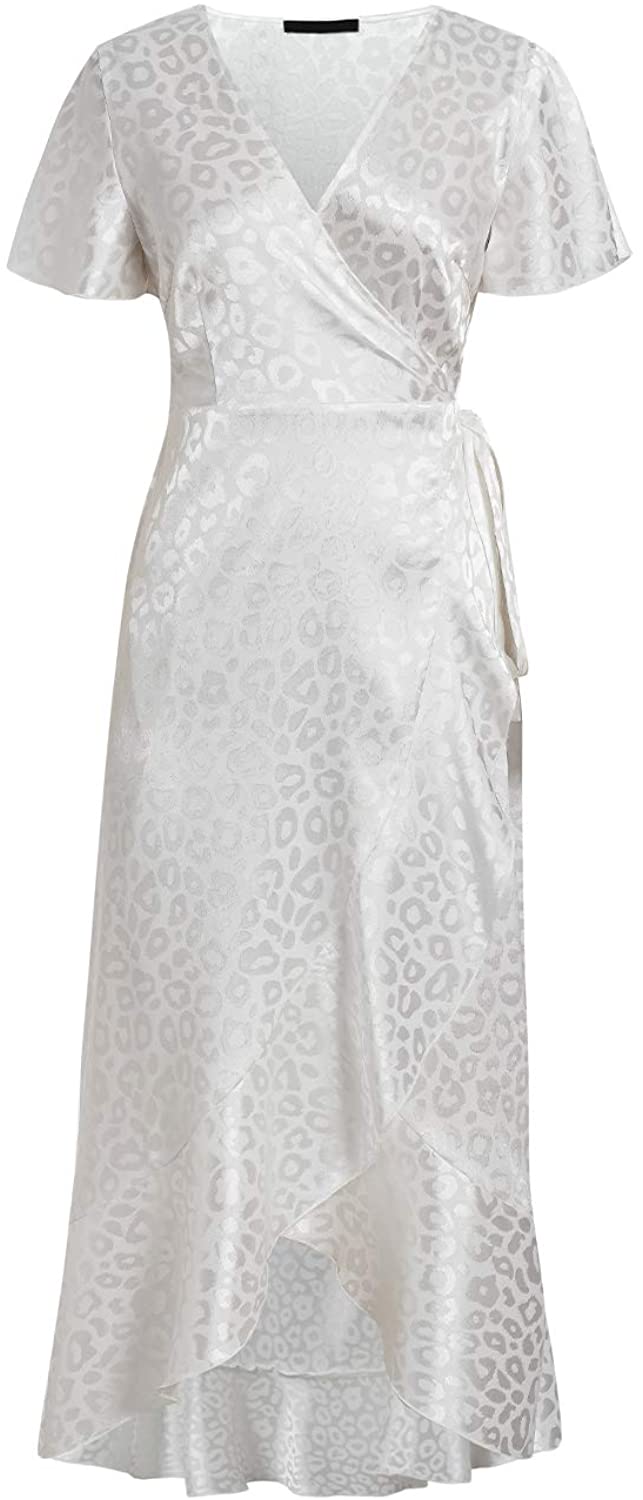 Miessial Women's Summer Chiffon V Neck Ruffle Maxi Dress Polka Dot Long Beach Wrap Dress