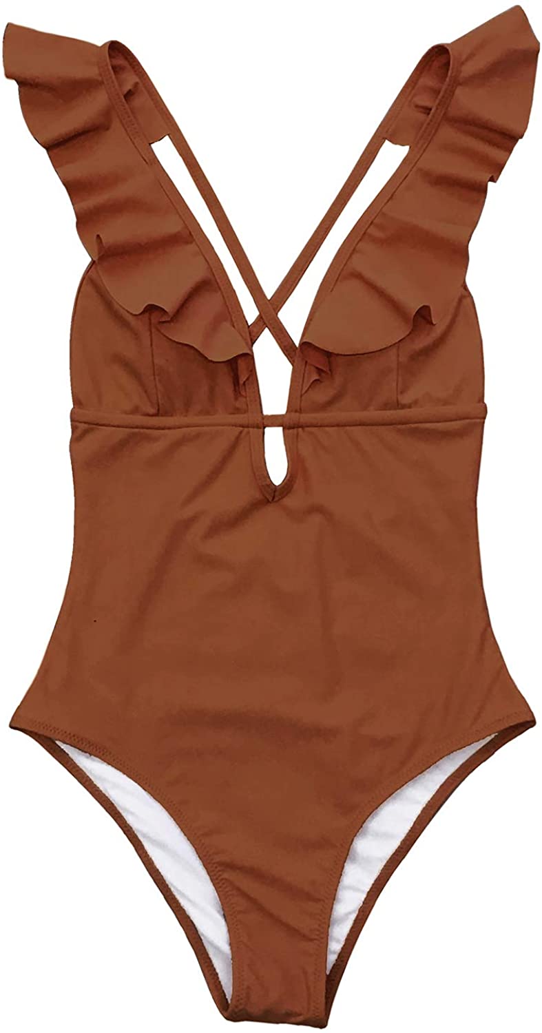 CUPSHE Women's One Piece Swimsuit Ruffle Deep V Neck Strappy Swimwear Bathing Suits