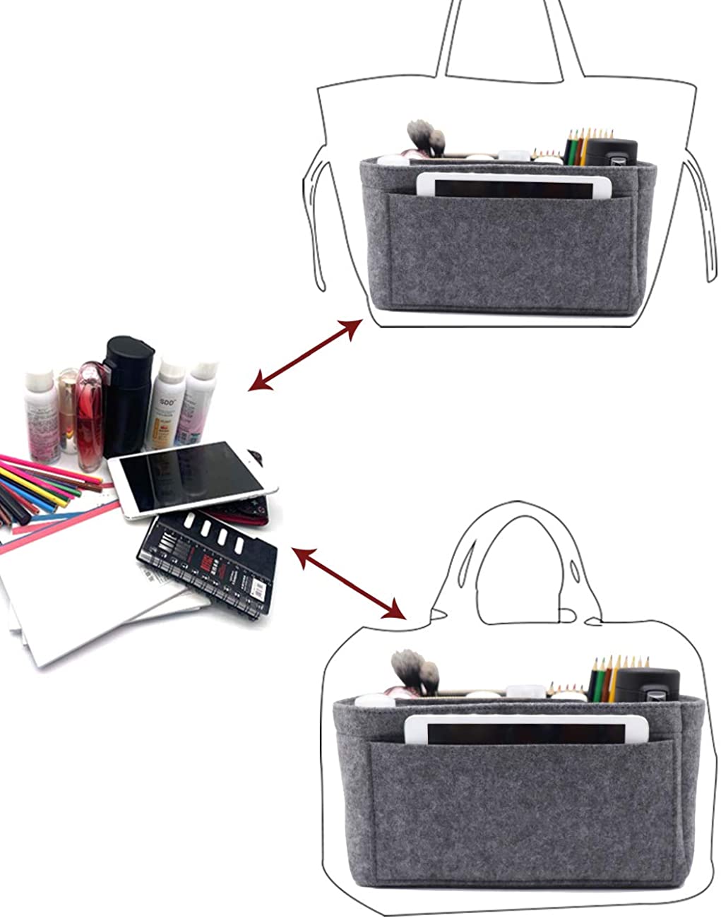 Felt Purse Bag Organizer Insert with zipper Bag Tote Shaper Fit Speedy Neverfull MM GM