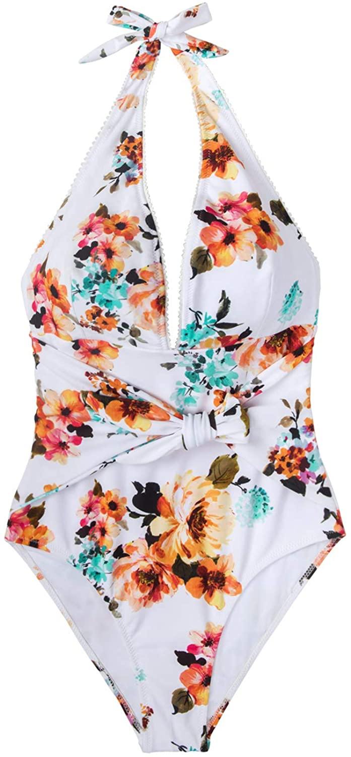CUPSHE Women's Tie Waist Floral Print One Piece Swimsuit Halter Swimwear - JOY2ESpree