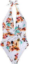 
                        
                          Load image into Gallery viewer, CUPSHE Women's Tie Waist Floral Print One Piece Swimsuit Halter Swimwear - JOY2ESpree
                        
                      