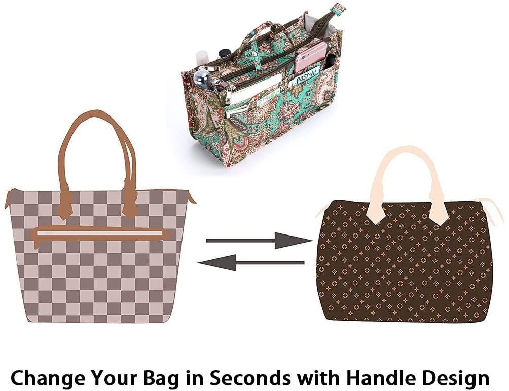 BTSKY New Printing Handbag Organizers Inside Purse Insert-High Capacity 13 Pockets Bag Tote Organizer with Handle Peacock Flower