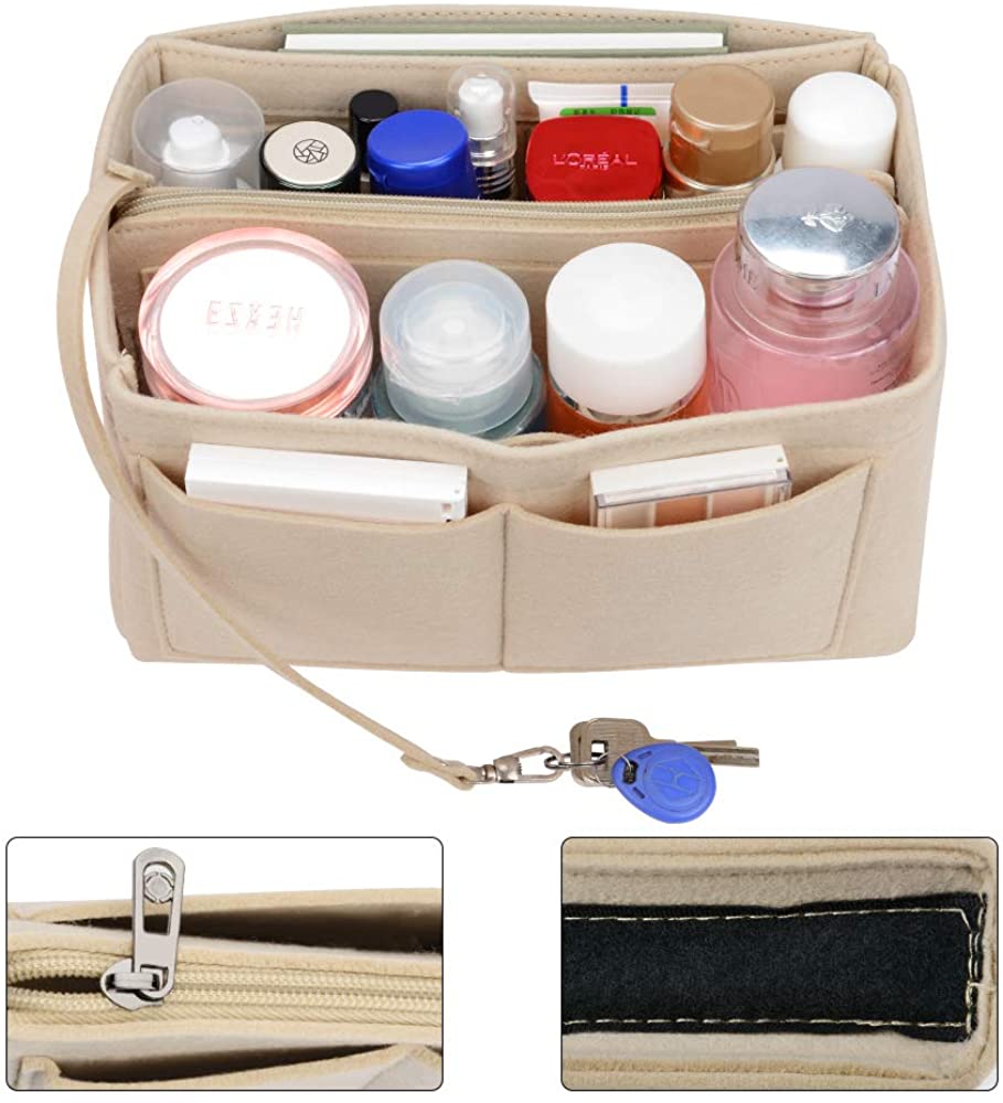 JessLab Felt Purse Organizer Insert with 14 Pockets and Detachable Zip Pouch