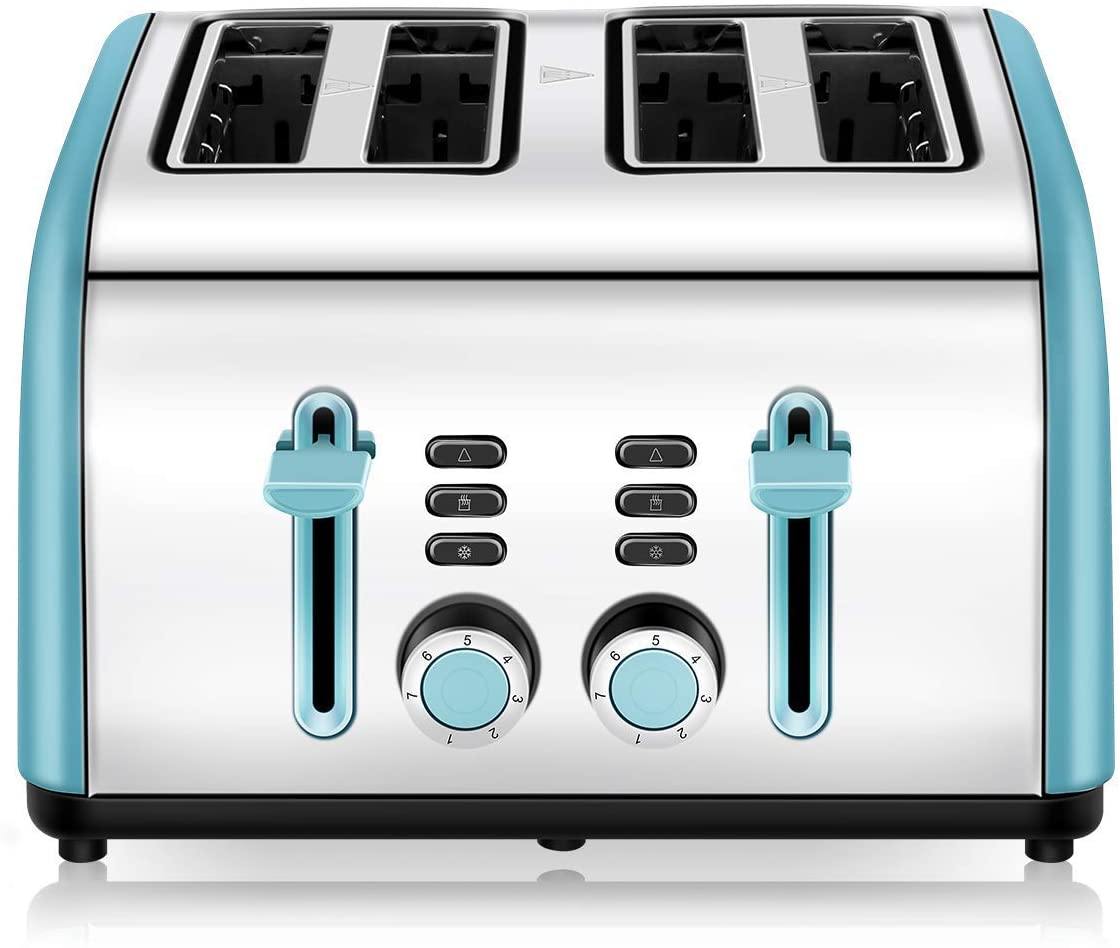 Toaster 4 Slice, CUSINAID 4 Wide Slots Stainless Steel Toasters with Reheat Defrost Cancel Function, 7-Shade Setting, Blue - JOY2ESpree