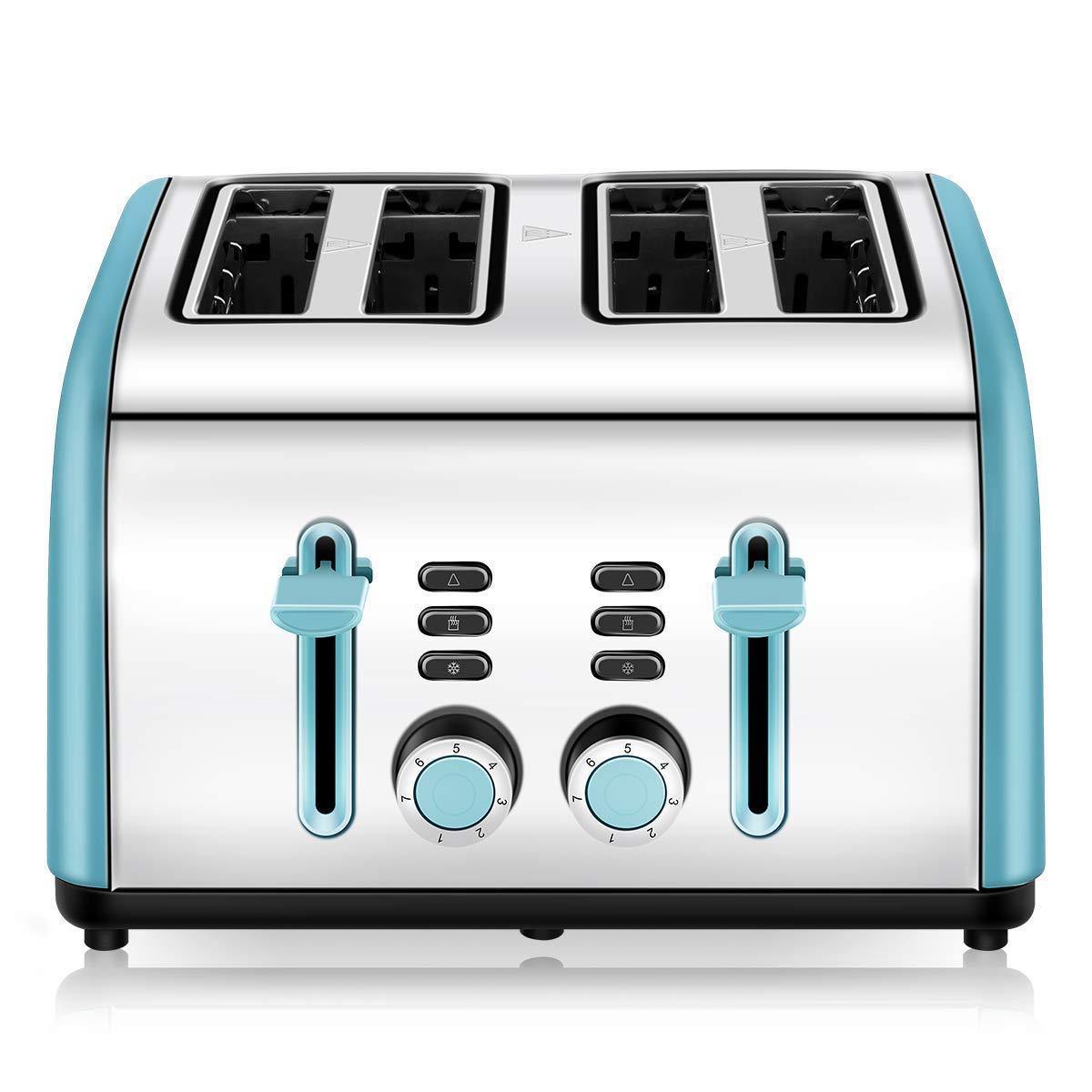 Toaster 4 Slice, CUSINAID 4 Wide Slots Stainless Steel Toasters with Reheat Defrost Cancel Function, 7-Shade Setting, Blue - JOY2ESpree
