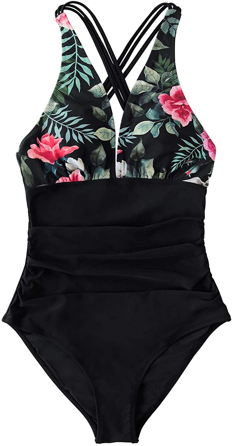 CUPSHE Women's One Piece Swimsuit V Neck Tummy Control Cross Back Vintage Swimwear Bathing Suits