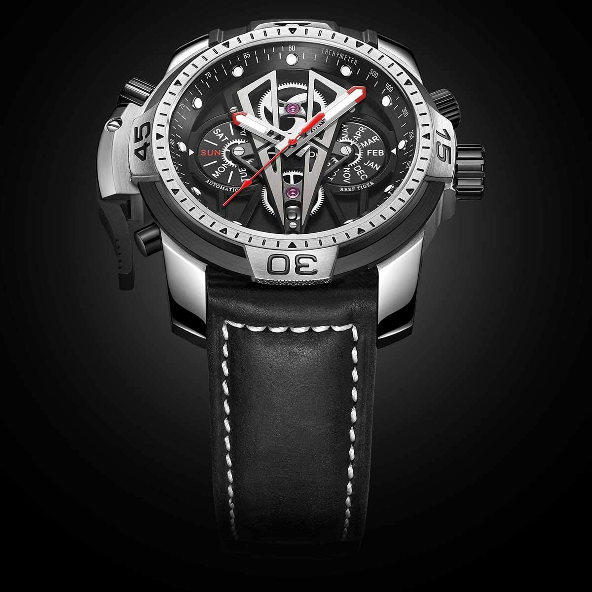 Reef Tiger Mens Sport Mechanical Watches with Steel Black Dial Automatic Watch Calfskin Leather Strap RGA3591