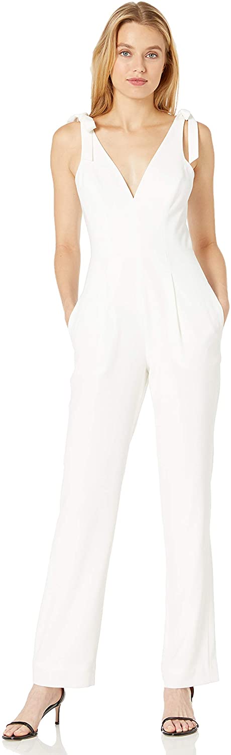 Dress the Population Women's Maira Sleeveless Plunging Dress Jumpsuit W Bows