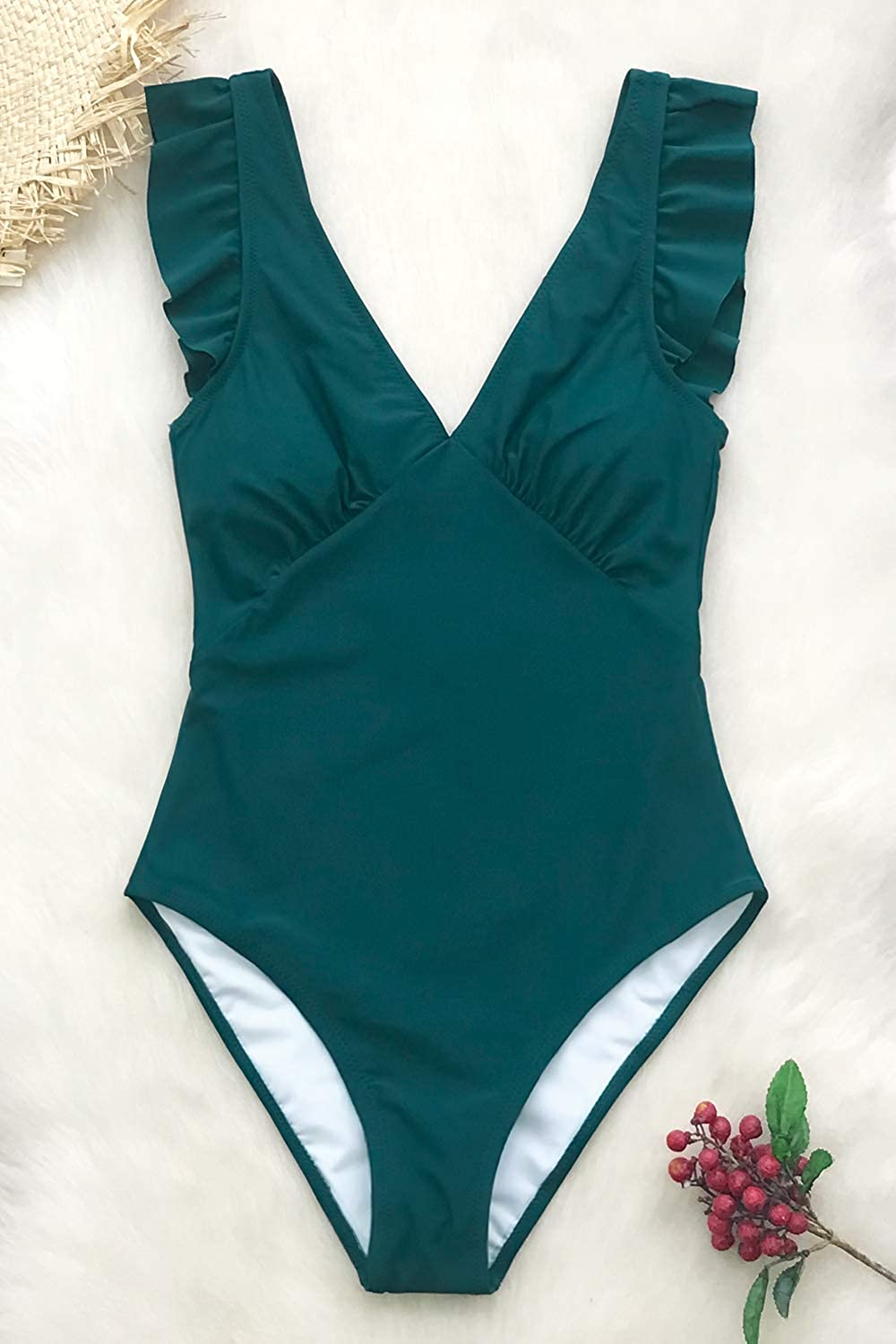 CUPSHE Women's One Piece Swimsuit V Neck Ruched Ruffle Shoulder Swimwear Bathing Suits