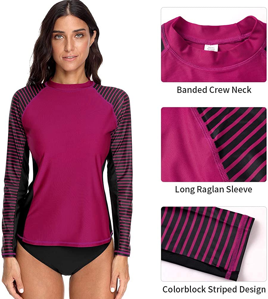 CharmLeaks Women's Long Sleeve Rashguard UPF 50 Sun Protection Swimsuit Top Striped Swim Shirts