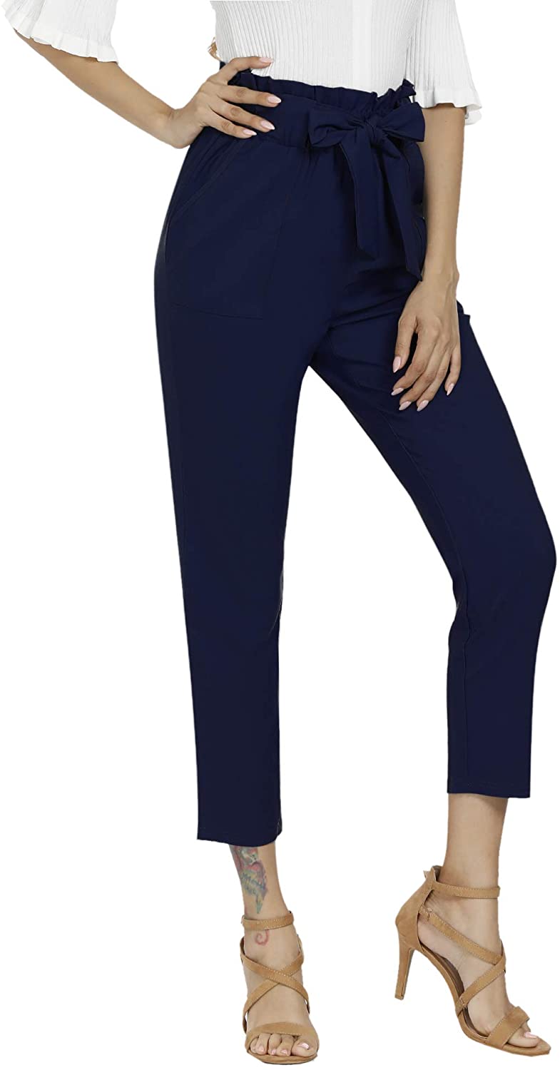 Freeprance Women's Pants Casual Trouser Paper Bag Pants Elastic Waist Slim Pockets