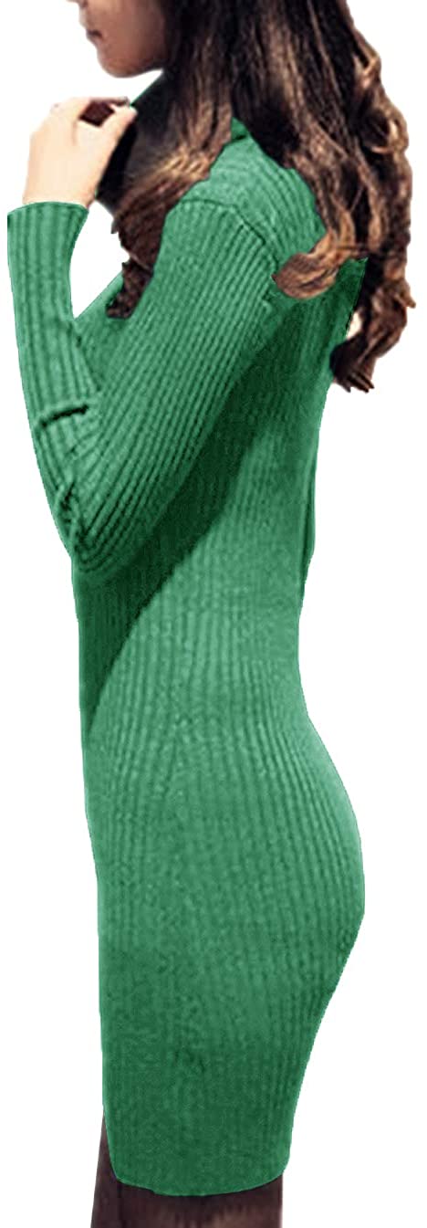 v28 Women Cowl Neck Knit Stretchable Elasticity Long Sleeve Slim Fit Sweater Dress