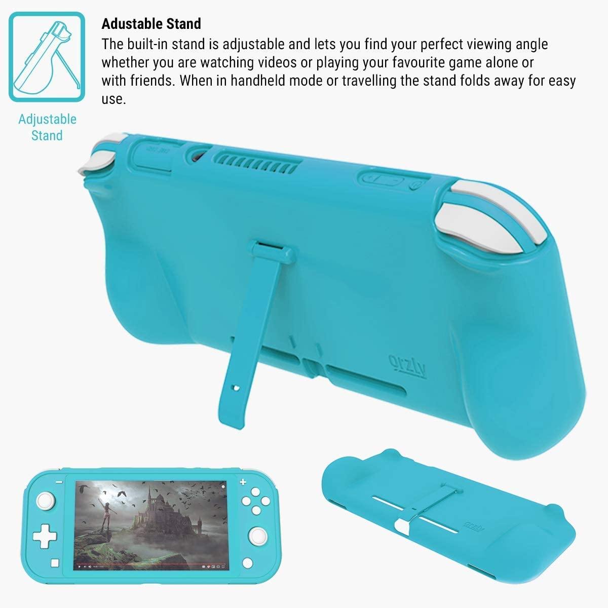 Orzly Grip Case for Nintendo Switch Lite – Case with Comfort Padded Hand Grips, Kickstand, Pack of Thumb Grips - Turquoise Blue - JOY2ESpree