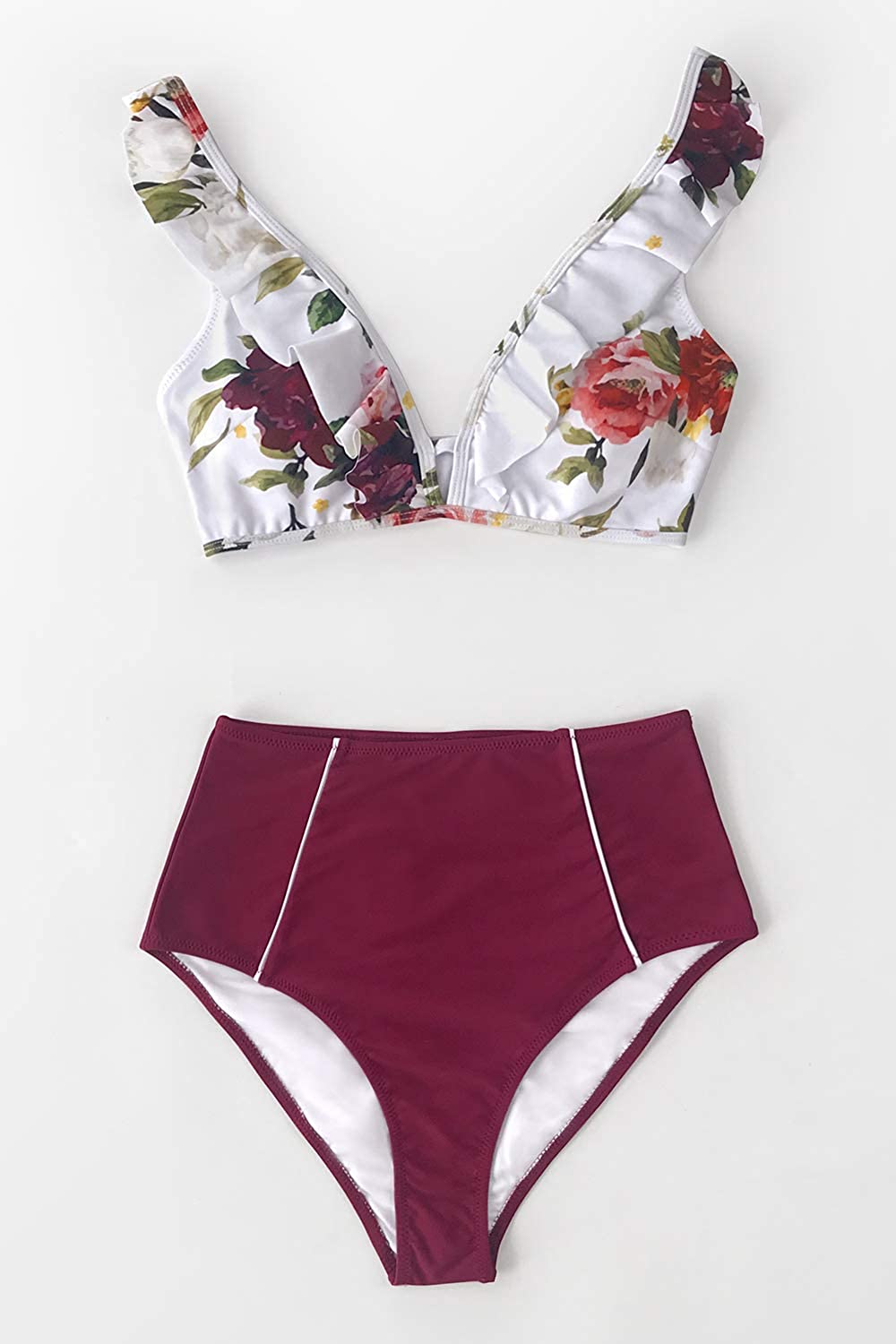 CUPSHE Women's High Waist Bikini Swimsuit Ruffle Floral Print Two Piece Bathing Suit