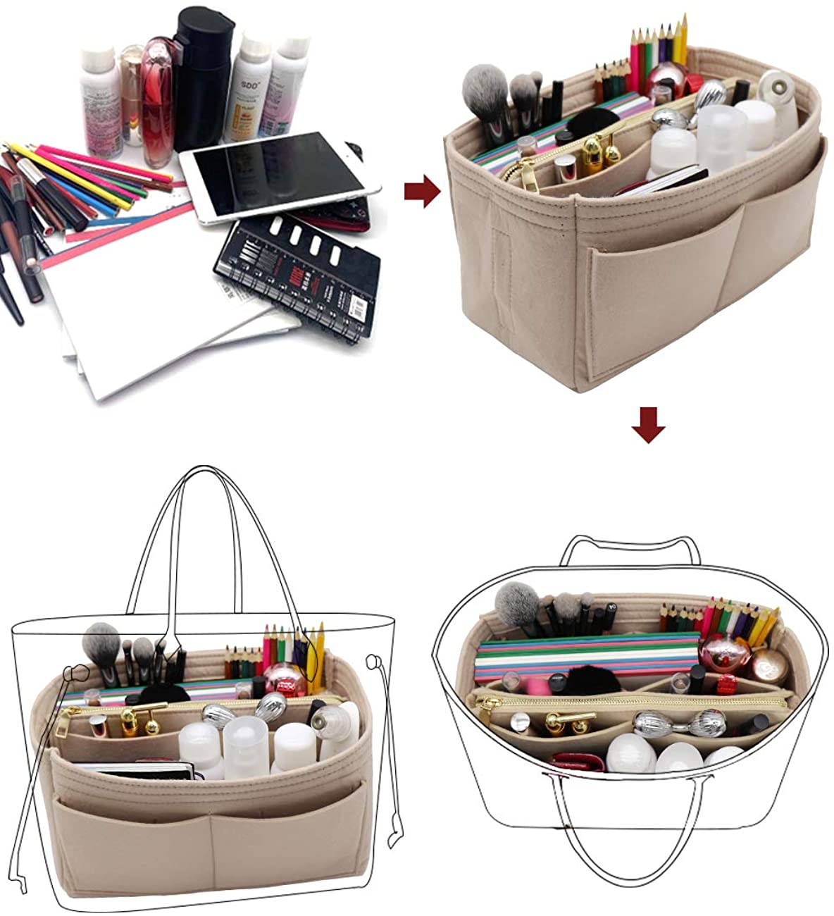 Felt Purse Bag Organizer Insert with zipper Bag Tote Shaper Fit Speedy Neverfull MM GM