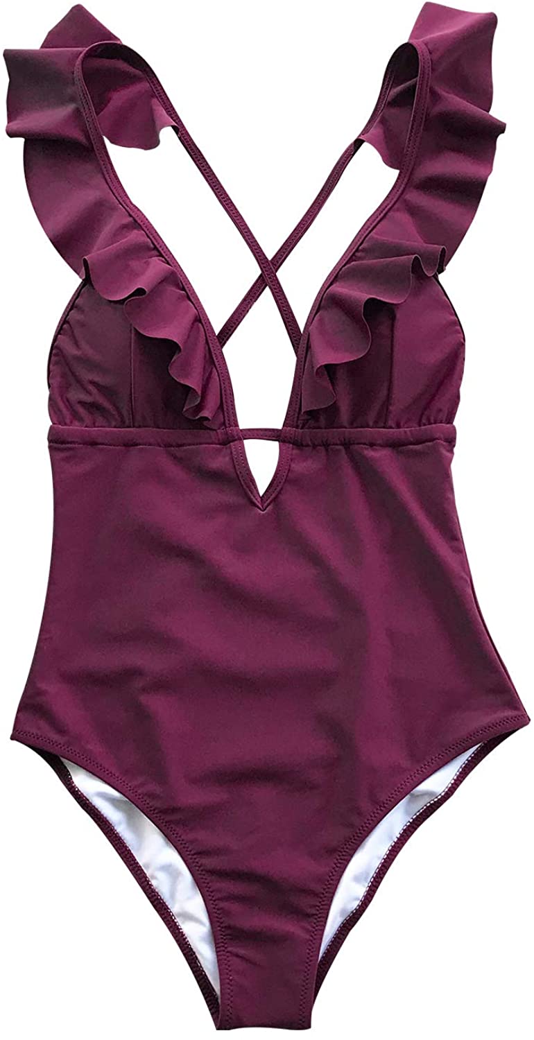 CUPSHE Women's One Piece Swimsuit Ruffle Deep V Neck Strappy Swimwear Bathing Suits
