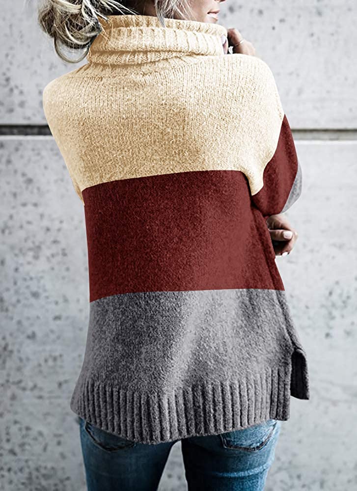 FISACE Womens Solid Round Neck Oversized Turtleneck Full Sleeve Knitted Sweater Pullover