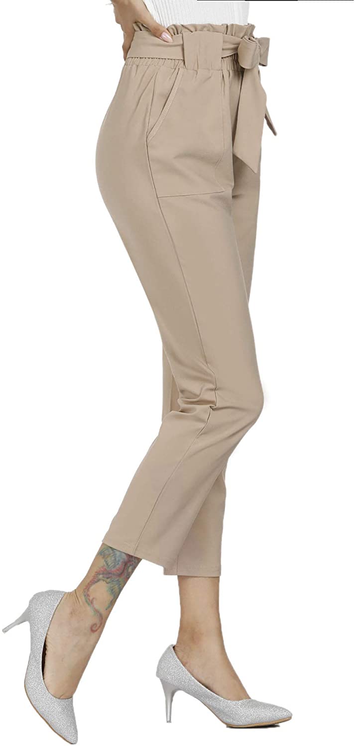 Freeprance Women's Pants Casual Trouser Paper Bag Pants Elastic Waist Slim Pockets