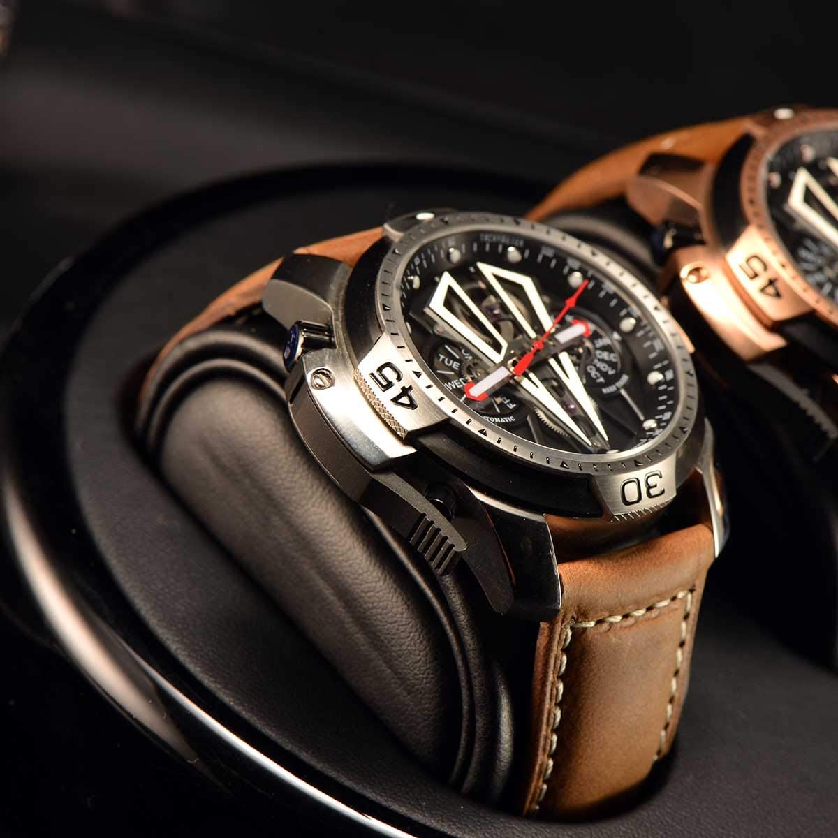 Reef Tiger Mens Sport Mechanical Watches with Steel Black Dial Automatic Watch Calfskin Leather Strap RGA3591