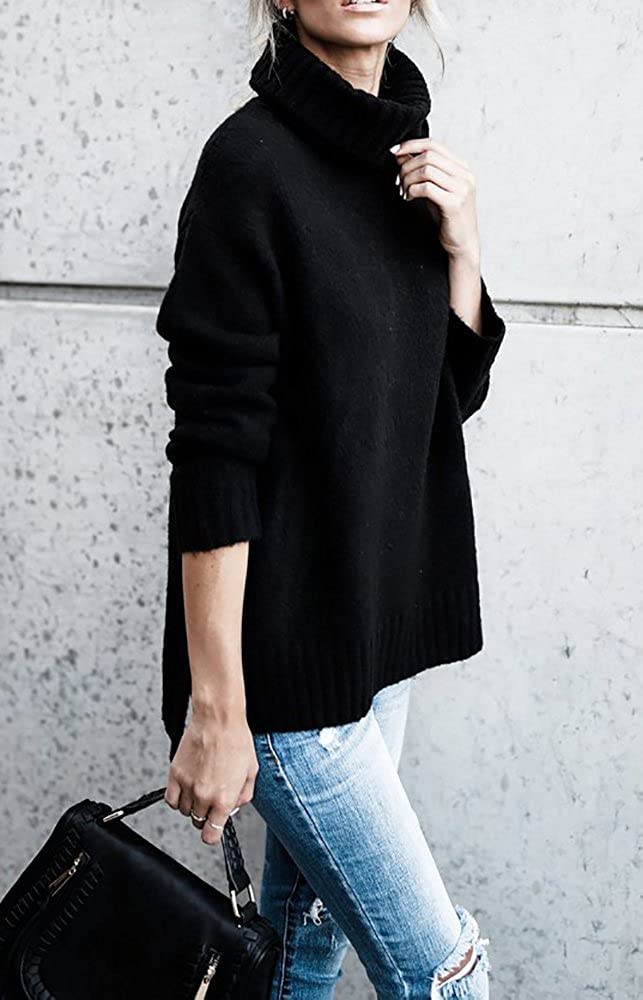 FISACE Womens Solid Round Neck Oversized Turtleneck Full Sleeve Knitted Sweater Pullover
