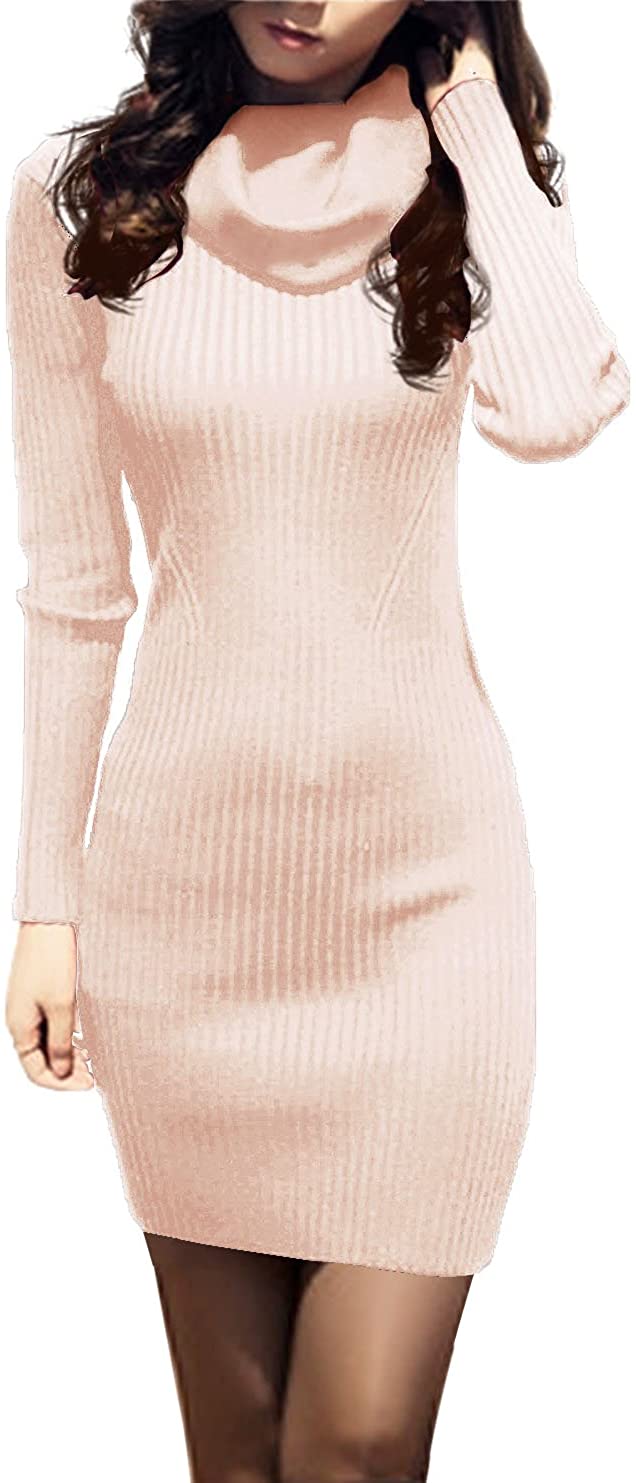 v28 Women Cowl Neck Knit Stretchable Elasticity Long Sleeve Slim Fit Sweater Dress