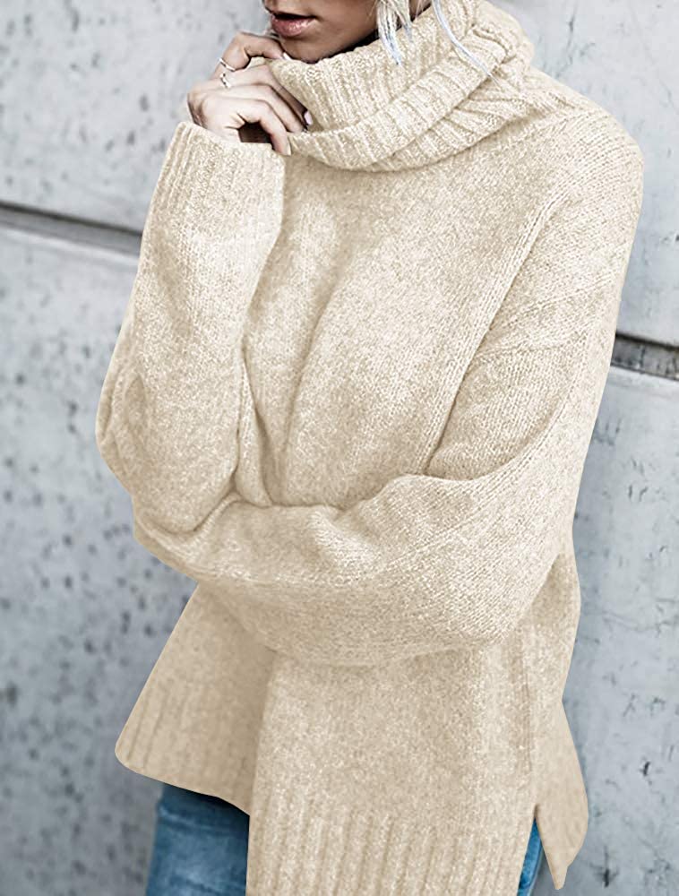 FISACE Womens Solid Round Neck Oversized Turtleneck Full Sleeve Knitted Sweater Pullover