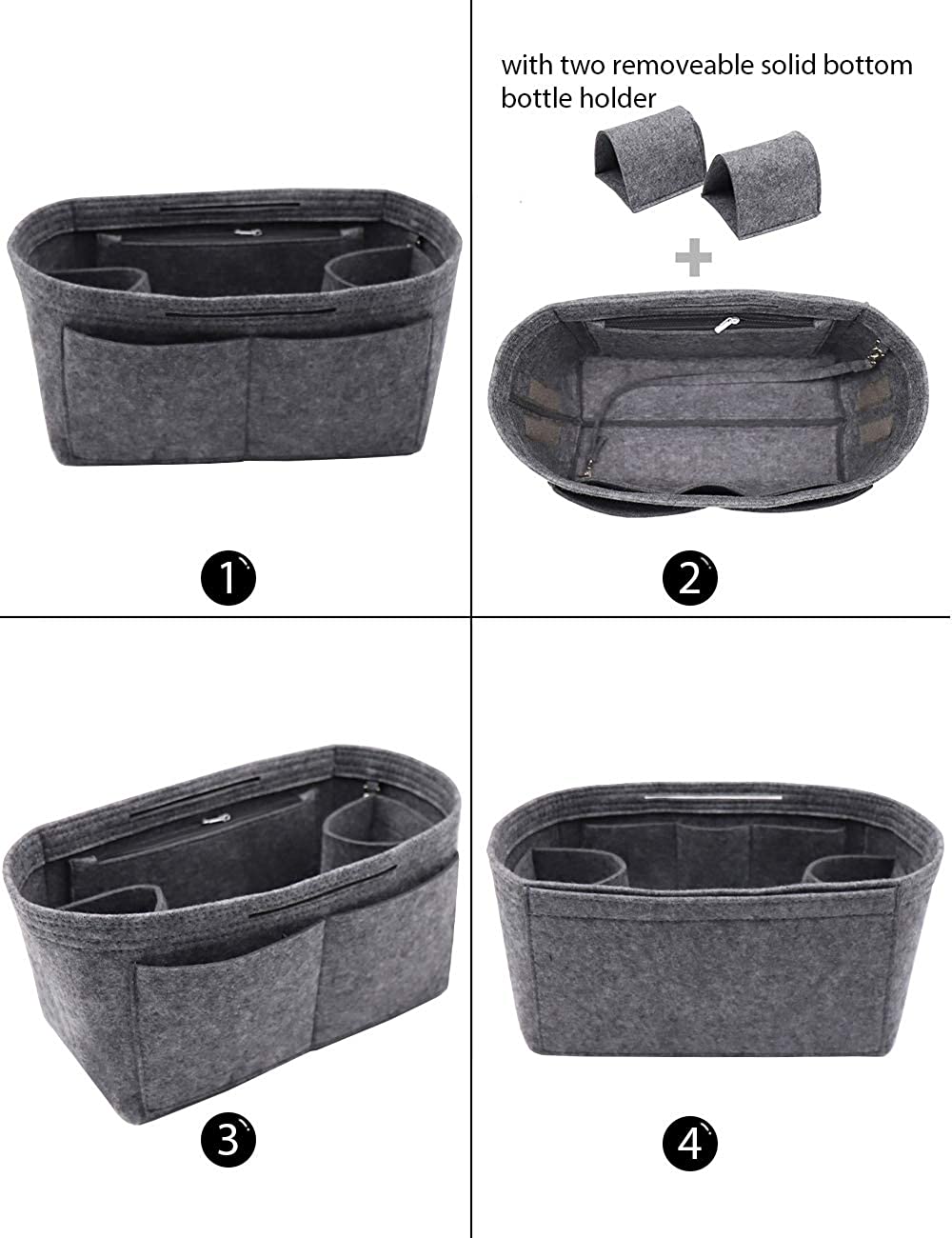 Felt Purse Organizer Insert Zipper Pocket with Two Removeable Bottle Holder