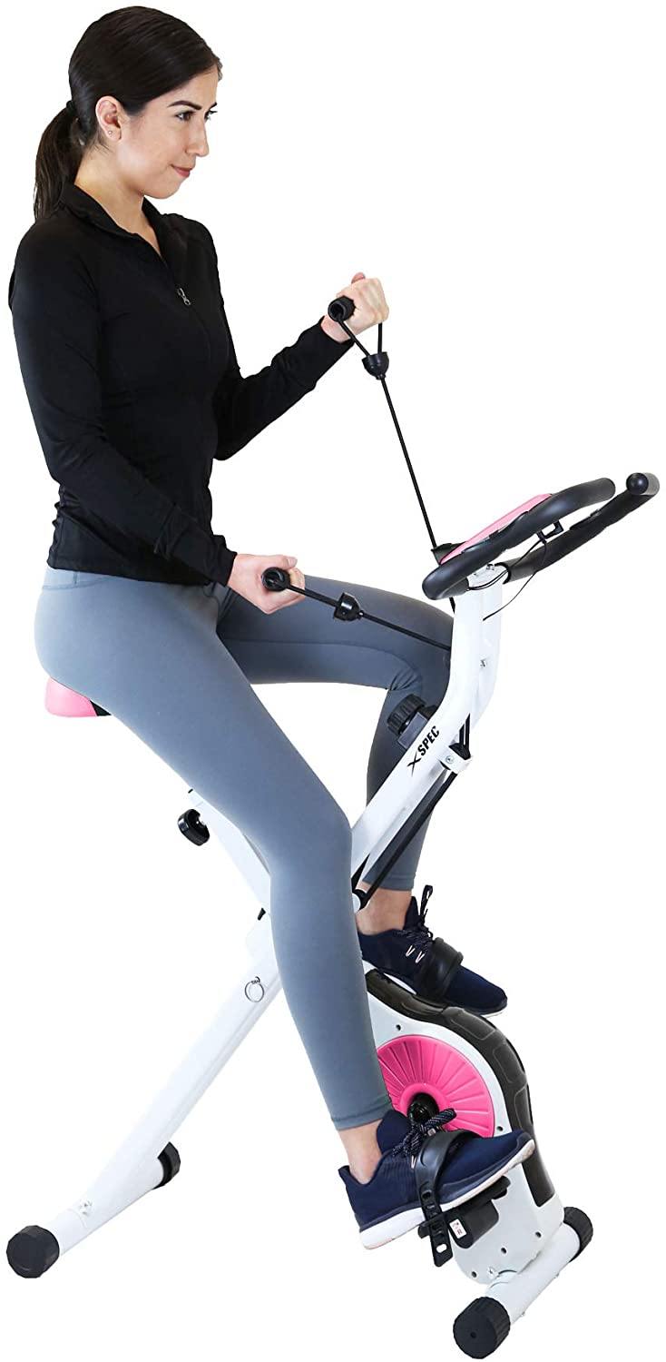 Xspec Indoor Foldable Stationary Upright Exercise Cardio Workout Cycling Bike with 16-Level Resistance, Magenta/Lime - JOY2ESpree