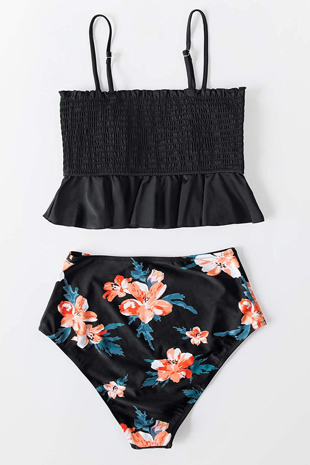CUPSHE Women's High Waist Bikini Swimsuit Ruffle Smock Floral Print Two Piece Bathing Suit