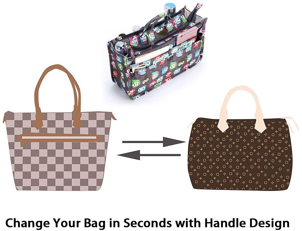 BTSKY New Printing Handbag Organizers Inside Purse Insert-High Capacity 13 Pockets Bag Tote Organizer with Handle Peacock Flower