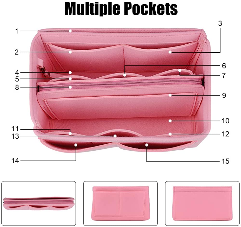 JessLab Felt Purse Organizer Insert with 14 Pockets and Detachable Zip Pouch