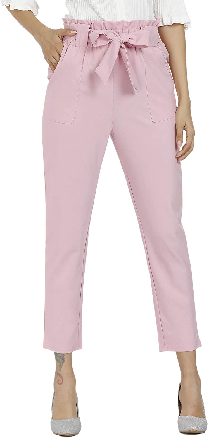 Freeprance Women's Pants Casual Trouser Paper Bag Pants Elastic Waist Slim Pockets