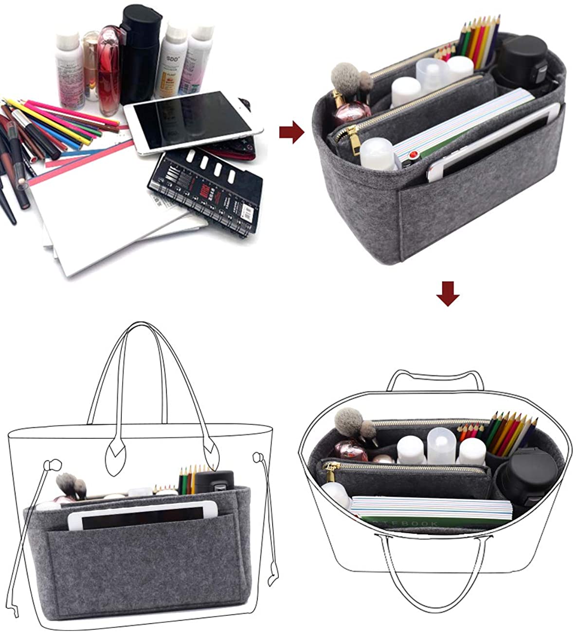 Felt Purse Bag Organizer Insert with zipper Bag Tote Shaper Fit Speedy Neverfull MM GM