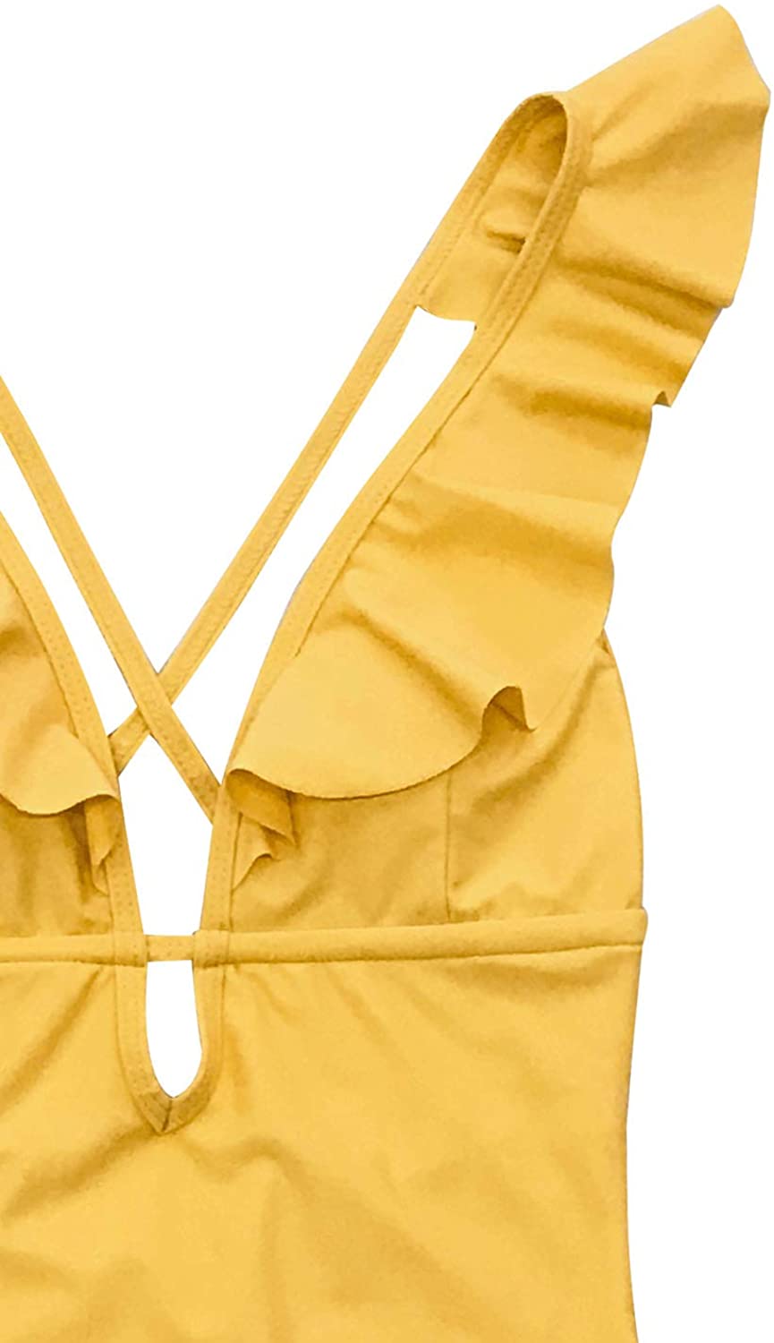 CUPSHE Women's One Piece Swimsuit Ruffle Deep V Neck Strappy Swimwear Bathing Suits