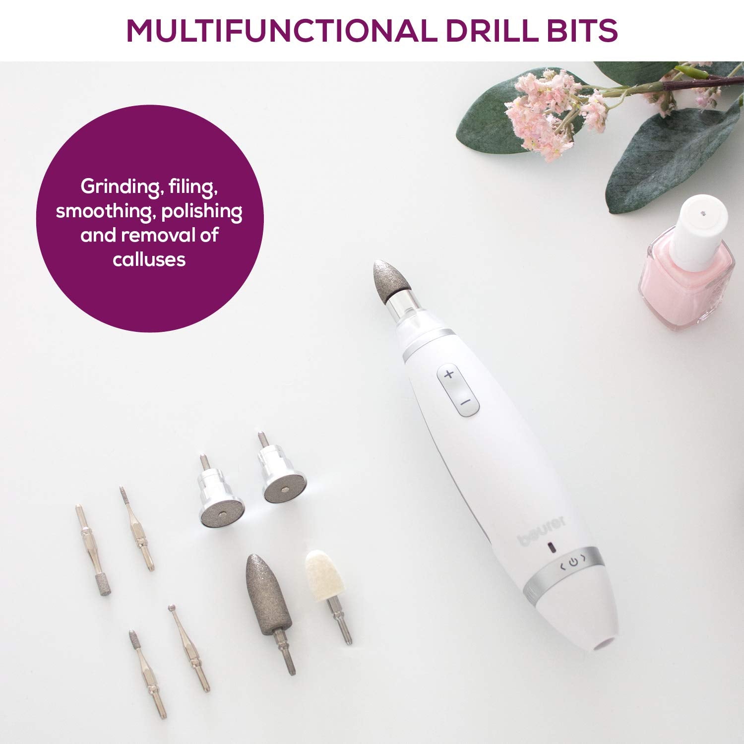 Beurer 14-piece Professional Manicure & Pedicure Nail Drill Kit, Cordless, 10 Attachments, 3 Speed Settings