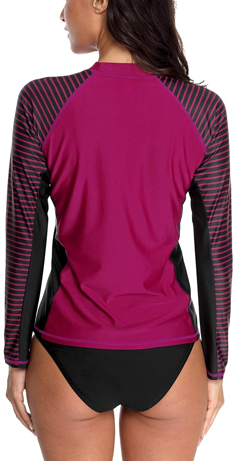 CharmLeaks Women's Long Sleeve Rashguard UPF 50 Sun Protection Swimsuit Top Striped Swim Shirts