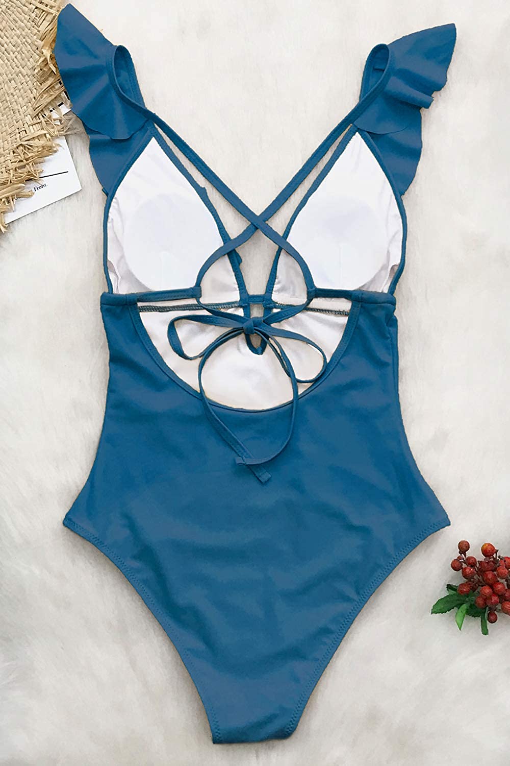 CUPSHE Women's One Piece Swimsuit Ruffle Deep V Neck Strappy Swimwear Bathing Suits
