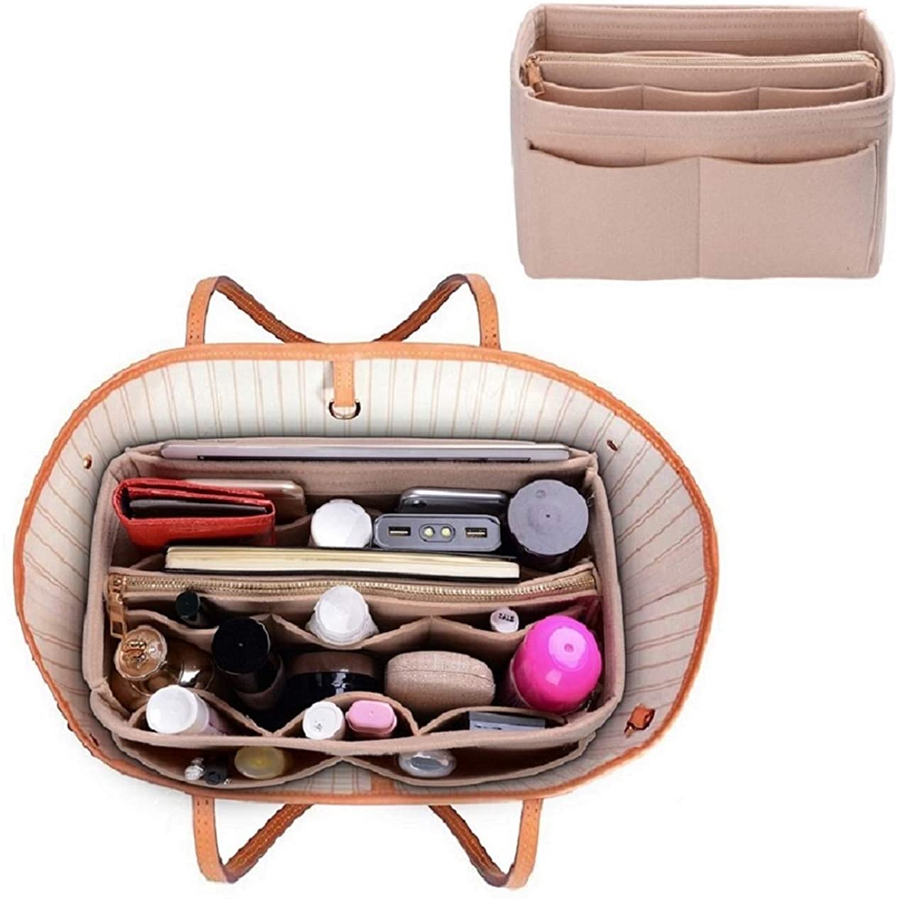 Purse Organizer Insert, Felt Bag organizer with zipper, Handbag & Tote Shaper, For Speedy Neverfull Tote, 5 Sizes