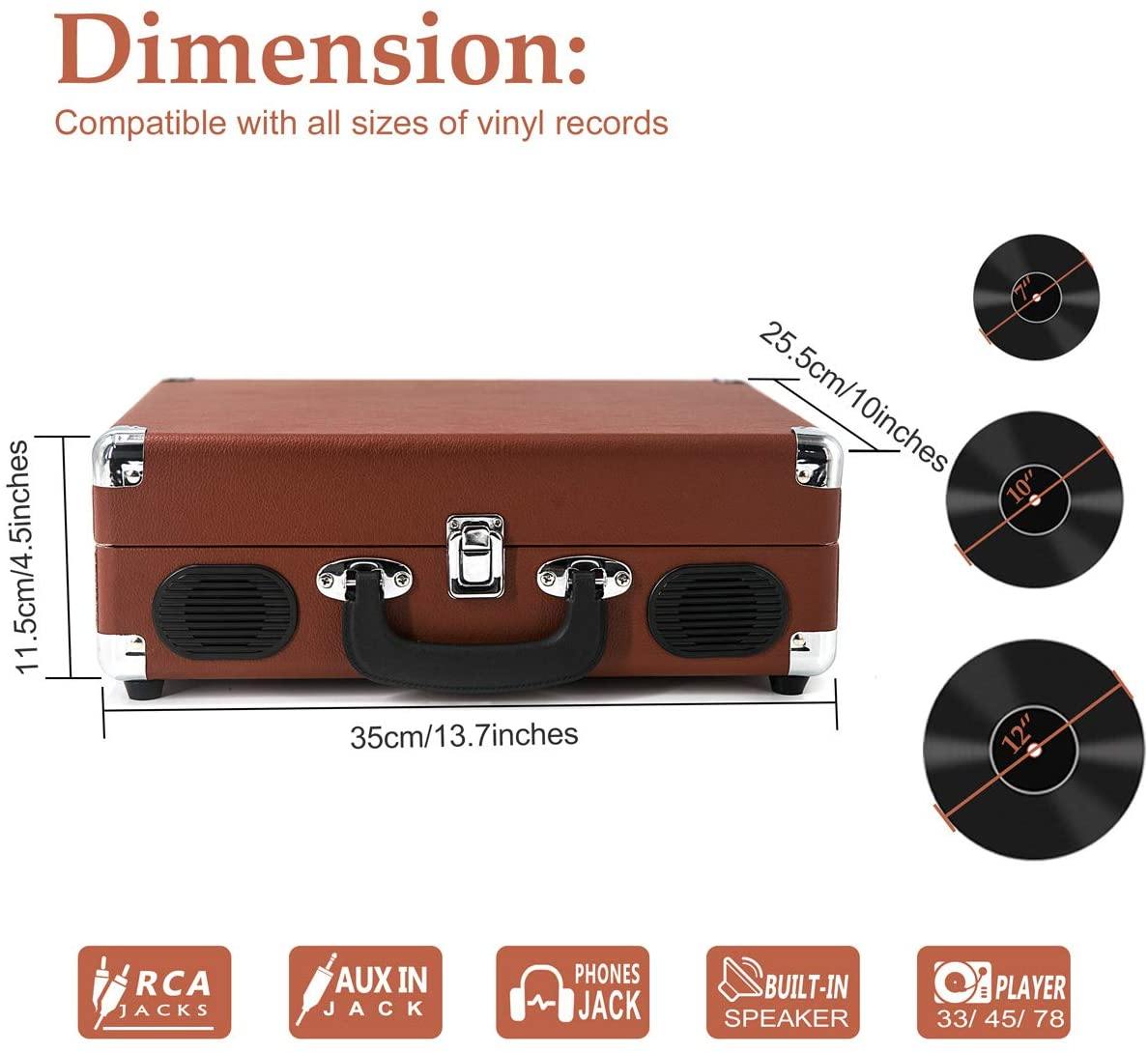 Retro Record Player for 33/45/78 RPM Vinyl Records,Bluetooth Belt-Drive Turntable - JOY2ESpree
