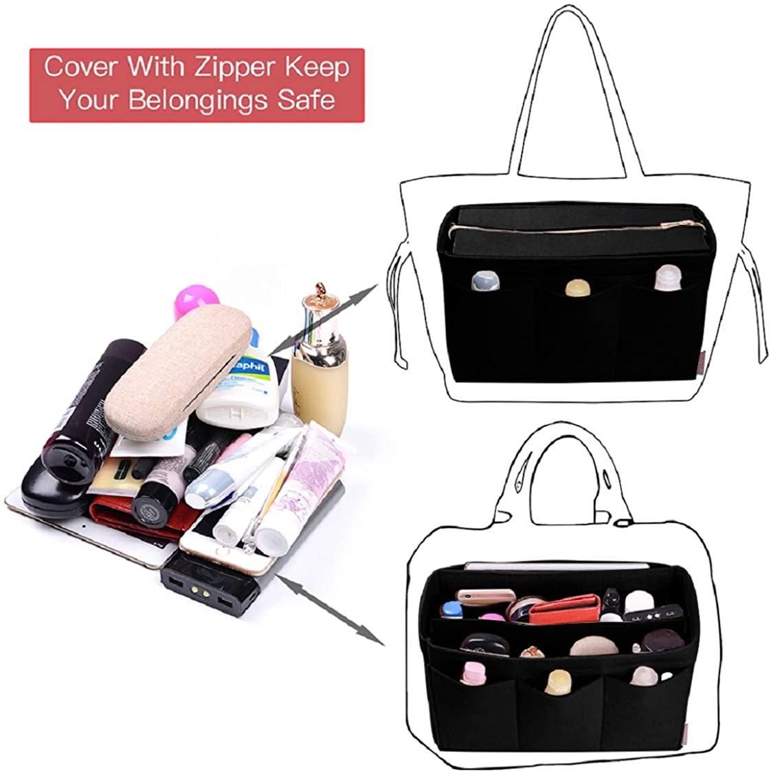 Purse Organizer Insert, Bag Organizer with NEW Detachable Zipper cover, fits Speedy Neverful, St Lious, Tote, 5 Size