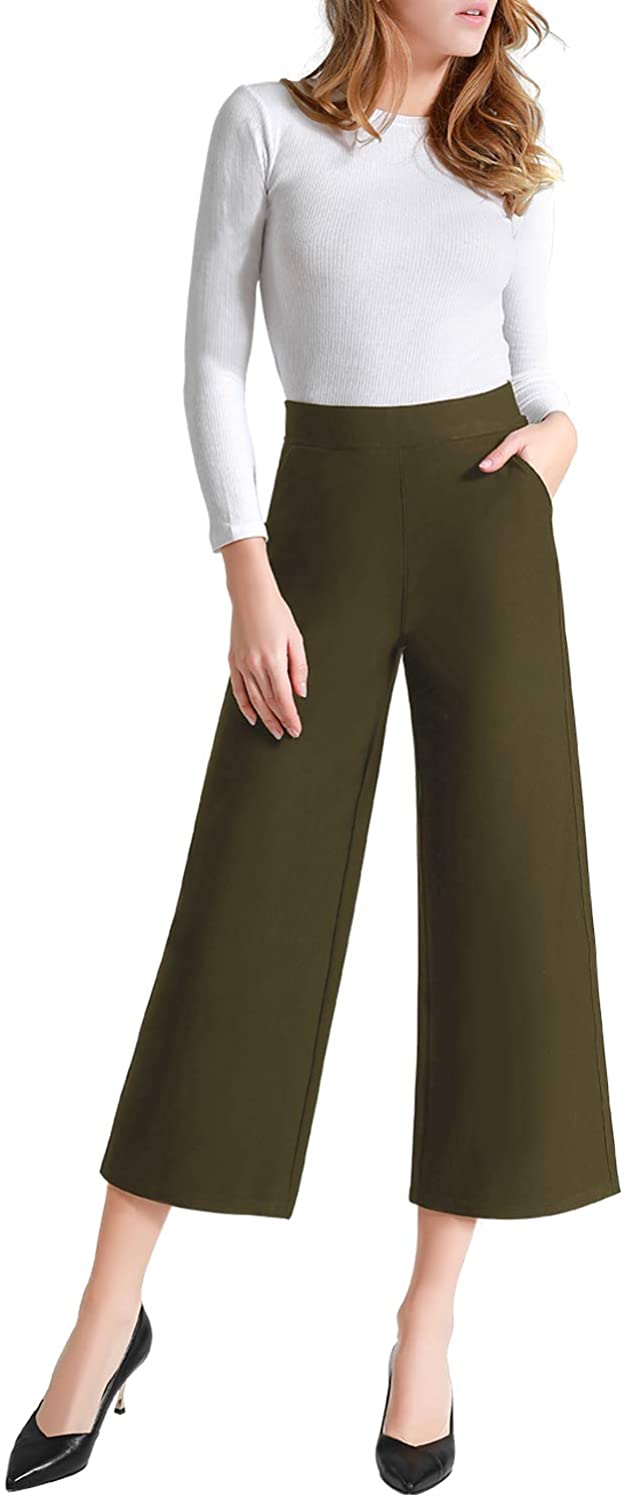 Tsful High Waisted Wide Leg Pants for Women Summer Business Casual Crop Dress Pants Stretch Pull On Capris