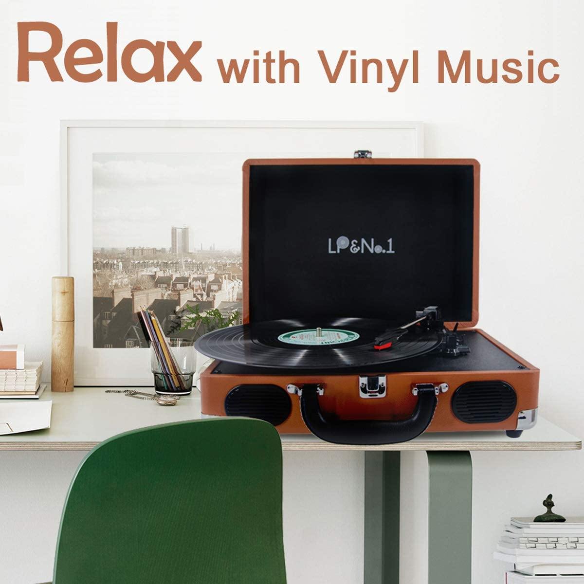 LP&No.1 Portable Suitcase Turntable with Stereo Speaker,3 Speeds Belt-Drive Vinyl Record Player Black - JOY2ESpree