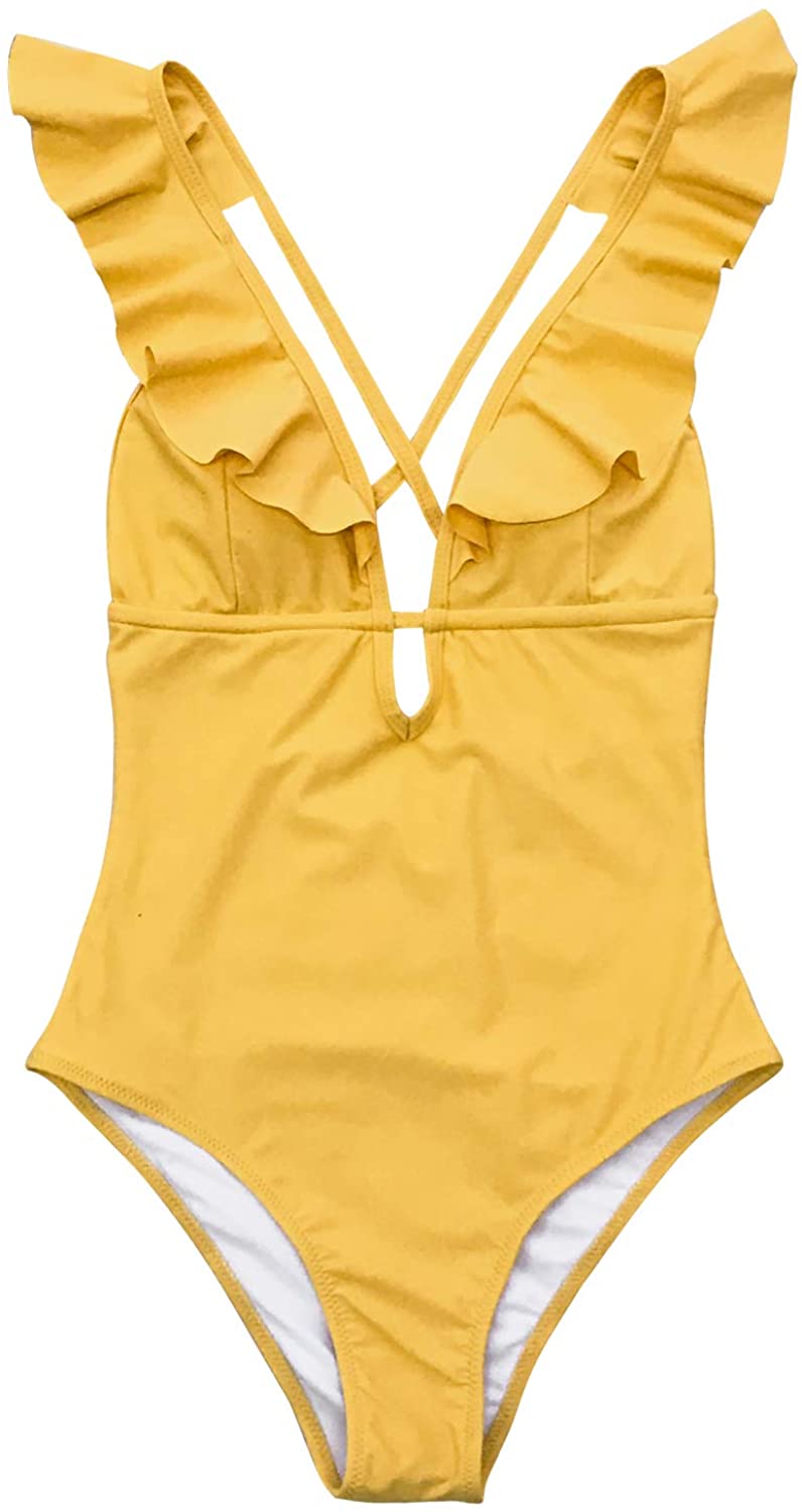CUPSHE Women's One Piece Swimsuit Ruffle Deep V Neck Strappy Swimwear Bathing Suits