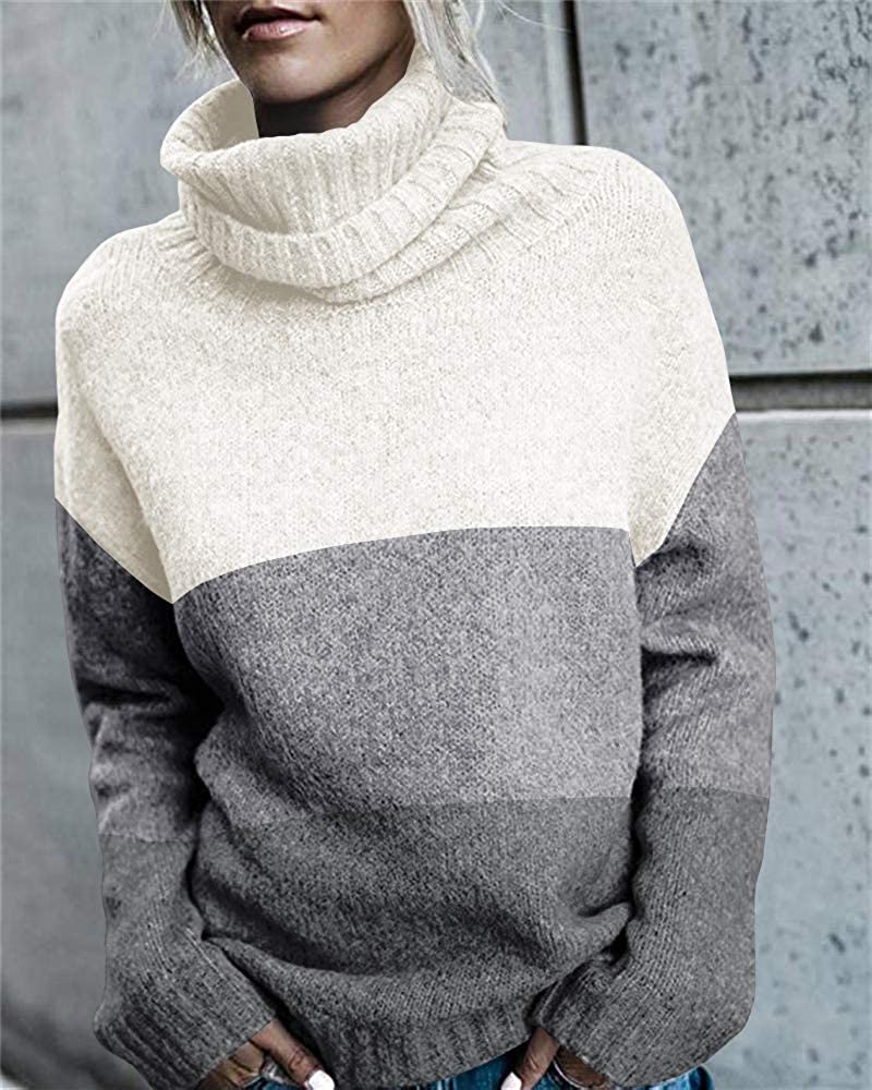 FISACE Womens Solid Round Neck Oversized Turtleneck Full Sleeve Knitted Sweater Pullover
